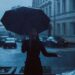 Ilustrācija: girl, umbrella, rain, park, autumn, blue, nature, rainy day, blue rain, blue park, blue umbrella