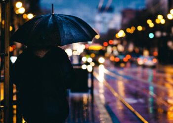 Ilustrācija: adult, nature, blur, bokeh, city, evening, light, man, outdoors, person, rain, reflection, road, street, umbrella, wet, raining