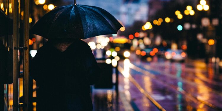 Ilustrācija: adult, nature, blur, bokeh, city, evening, light, man, outdoors, person, rain, reflection, road, street, umbrella, wet, raining