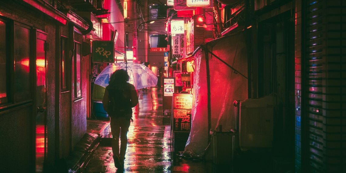 Ilustrācija: japan, osaka, night, asia, landmark, travel, japanese, nature, architecture, city, building, tourist, outdoor, street food, street markets, neon, glow, advertising, urban, man, guy, people, traveller, adventure, rain, umbrella