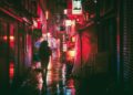 Ilustrācija: japan, osaka, night, asia, landmark, travel, japanese, nature, architecture, city, building, tourist, outdoor, street food, street markets, neon, glow, advertising, urban, man, guy, people, traveller, adventure, rain, umbrella