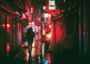 Ilustrācija: japan, osaka, night, asia, landmark, travel, japanese, nature, architecture, city, building, tourist, outdoor, street food, street markets, neon, glow, advertising, urban, man, guy, people, traveller, adventure, rain, umbrella