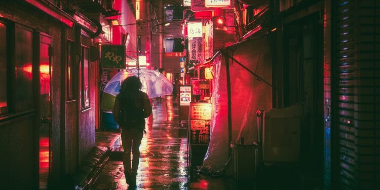 Ilustrācija: japan, osaka, night, asia, landmark, travel, japanese, nature, architecture, city, building, tourist, outdoor, street food, street markets, neon, glow, advertising, urban, man, guy, people, traveller, adventure, rain, umbrella