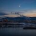 Ilustrācija: city, river, landscape, nature, night sky, winter, moon, sky, clouds