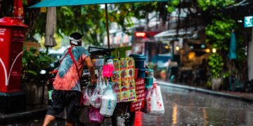 Ilustrācija: man, cart, street food, culture, nature, rain, umbrella, puddle, weather, wet, city