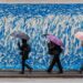 Ilustrācija: umbrellas, people, wall, road, rain, graffiti, water, nature, mural, street photography, people walking, rainy day